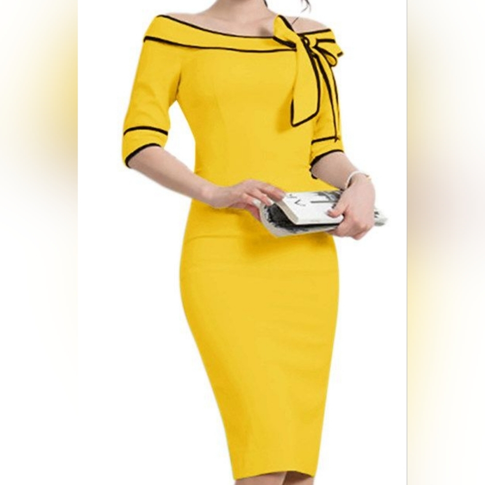 Sunny Yellow Sheath Dress with Bateau Neckline and Cuffed Sleeves Size M
